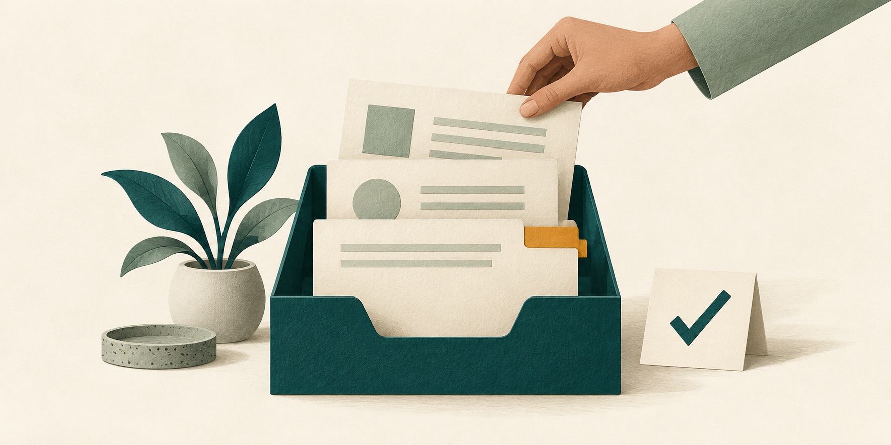 A hand placing a document into an organised tray beside a review checkmark.