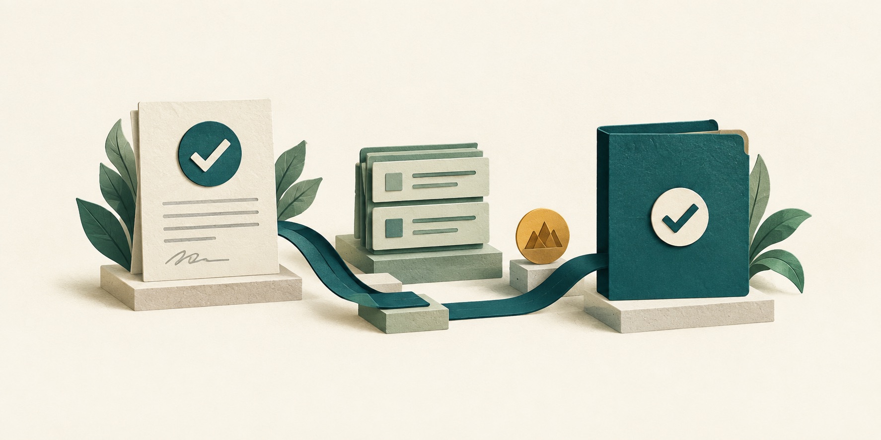 An approved agreement, work cards and delivery folder connected by a teal path.